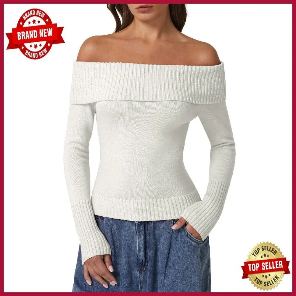 Off Shoulder Cotton Pullover Sweater Slim Fit Long Sleeve Ribbed Knit